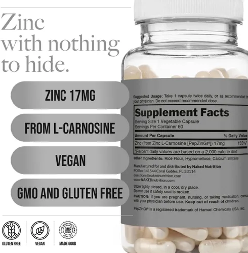 Vista 5 de Naked Zinc Carnosine - Suplemento para el revestimiento intestinal, función inmune y apoyo estomacal, vegano, sin gluten, 17 mg - 60 cápsulas