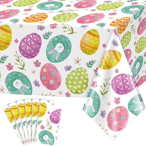 Vista 8 de Ragnhild Paquete de 3 manteles de Pascua, decoración de fiesta, mantel de plástico con huevos de Pascua, conejo, decoración de mesa, mantel