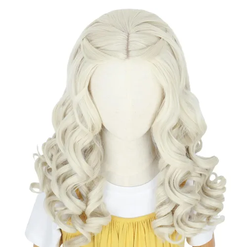 Vista 3 de Koonfan Peluca blanca Queen larga rizada rubia para niños, pelo de princesa para Halloween, disfraz de cosplay