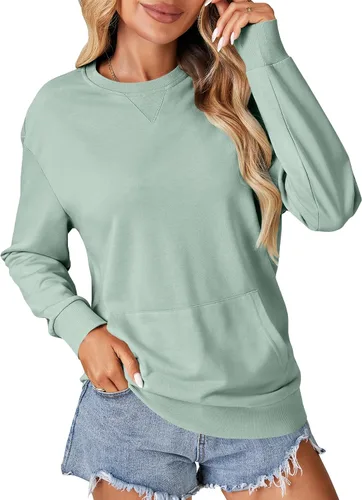 Vista 13 de OPOIPIN Suéter con bolsillo de manga larga y cuello redondo para mujer, estilo casual