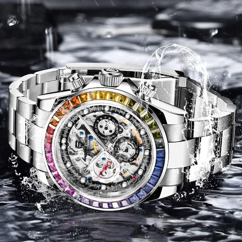 Vista 4 de Pagani Design Relojes mecánicos automáticos de lujo para hombre, esfera de esqueleto, acero inoxidable, bisel de arco iris, correa de goma, 328.1