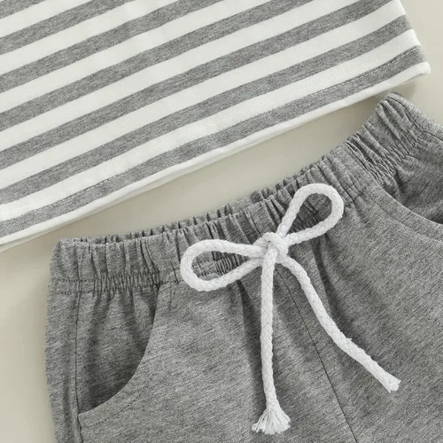 Vista 20 de Conjunto de ropa casual de manga corta con botones y pantalones cortos de lino para bebés y niños pequeños
