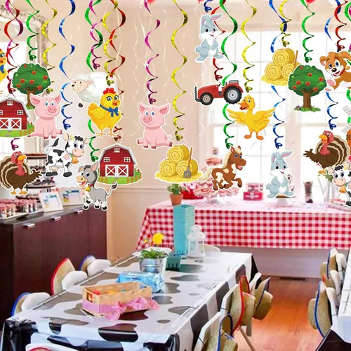 Vista 2 de Decoración de remolinos colgantes para fiestas de animales de granja, paquete de 30 pancartas colgantes de remolinos para decoración de animales