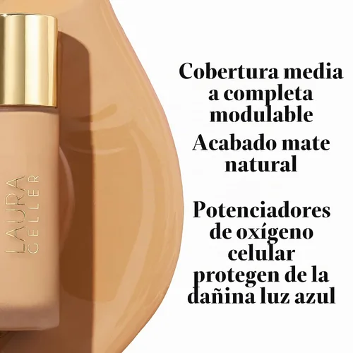 Vista 3 de LAURA GELLER Base Líquida Double Take Cobertura Media a Completa, Acabado mate Natural, Bronceado