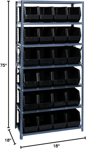 Vista 380 de Quantum QSBU-245BK Heavy Duty Shelving Unit with (7) Shelves and (24) QUS245 Black Bins for Garage Warehouse Storage Distribution 400 lb Load