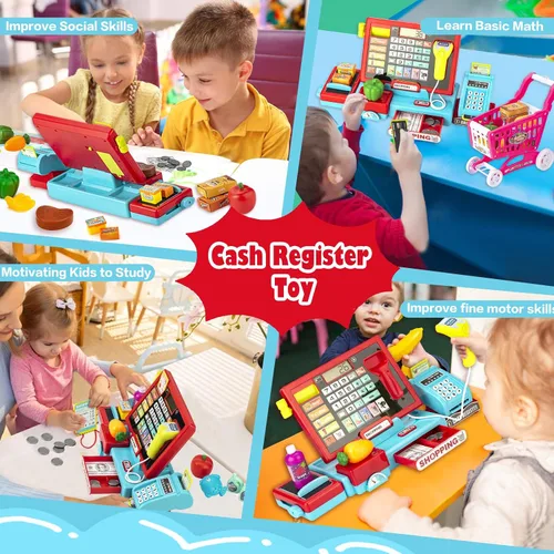 Vista 4 de Caja registradora para niños, calculadora real, caja registradora con escáner de juguete para niño de 3, 4, 5, 6, 7, 8 años, juego de simulación