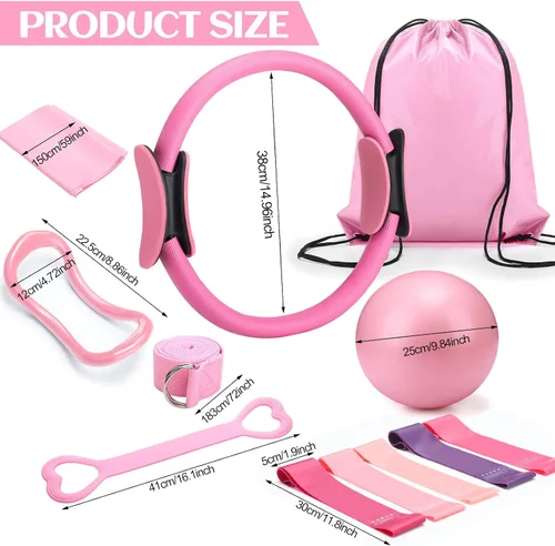 Vista 3 de RoundFunny Juego de 18 anillos de pilates esenciales para mujer, anillo de pilates y pelota de resistencia al tobillo, correa de yoga, calcetines