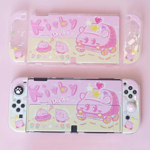 Vista 4 de PERFECTSIGHT Protective Case for Nintendo Switch OLED, Cute Clear Soft TPU Slim Grip Cover with Stand, Kawaii Dockable Case for NS Console and Joy