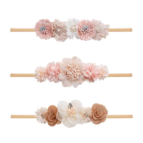 Vista 12 de cherrboll 3 diademas de flores para bebé, súper suaves y elásticas, de nailon, para recién nacidas