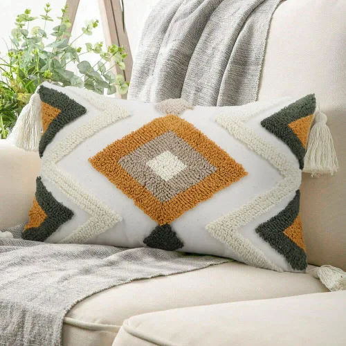 Vista 9 de JASEN Fundas de almohada bohemias, fundas de almohada decorativas tejidas con borlas y patrón de diamantes para sofá, dormitorio, sala de estar, sin