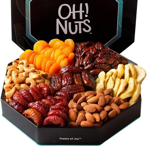 Vista 13 de Oh! Nuts Cesta de regalo de frutas secas en forma de corazón, 8 variedades tropicales gourmet, albaricoques, dátiles, ciruelas pasas, arándanos