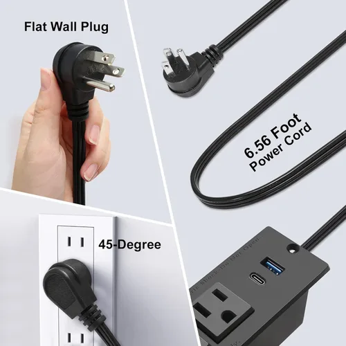 Vista 4 de Regleta de alimentación empotrable USB C, estación de alimentación de escritorio de carga rápida, 2 tomacorrientes, 2 tomas de corriente USB
