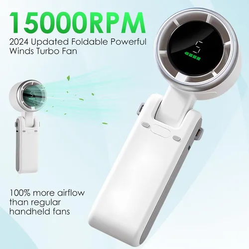 Vista 2 de Mini ventilador turbo portátil, ventilador de cuello de viaje recargable por USB con 5 velocidades, batería de 3600 mAh y velocidad de 15000 RPM