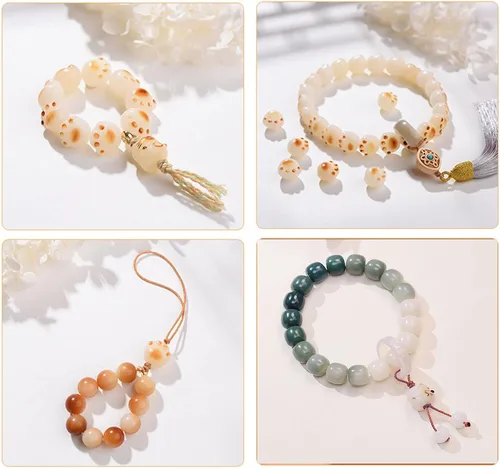 Vista 7 de Cuentas de rosario de jade blanco natural de raíz de Bodhi para mujer con una pulsera de un solo anillo