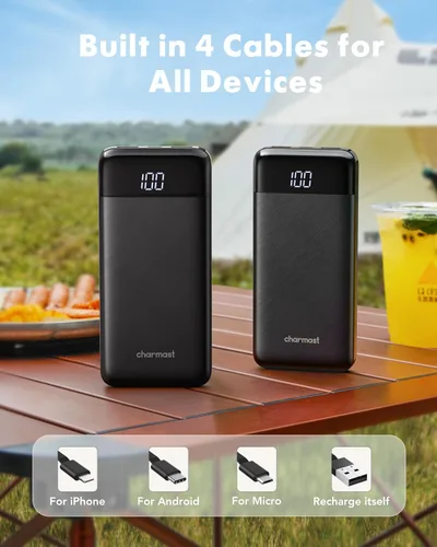 Vista 3 de charmast Cargador portátil con cables incorporados, banco de energía con cables, batería delgada de viaje de 10000 mAh, 6 salidas 3 entradas 3 A
