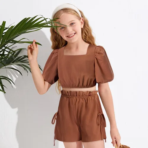 Vista 3 de BAVADER Conjunto de ropa para niña, 2 piezas, con cuello cuadrado, manga abombada, pantalones cortos con bolsillo con cordón para verano