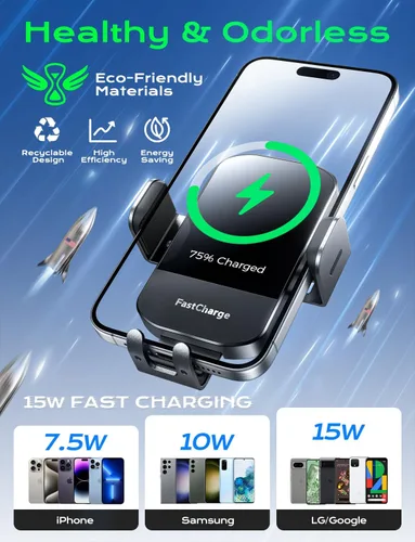 Vista 2 de Cargador de Coche Inalámbrico, Carga Rápida de 15W, Cargador de Coche con Abrazadera Automática, Soporte de Teléfono para Coche Compatible