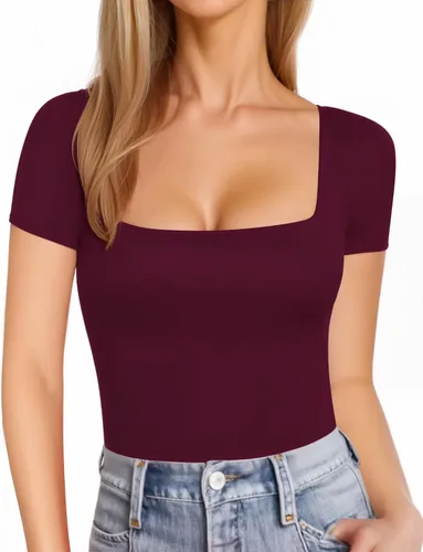 Vista 13 de MANGOPOP - Camisetas ajustadas de manga corta y manga larga con cuello cuadrado para mujer A01 Manga Corta Negro