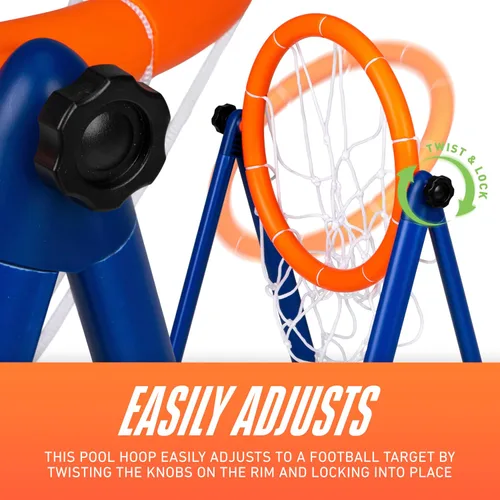 Vista 4 de NERF - Juego de aro de baloncesto flotante para piscina + red de fútbol – Baloncesto acuático + (2) pelotas de fútbol acuáticas incluidas – Aro