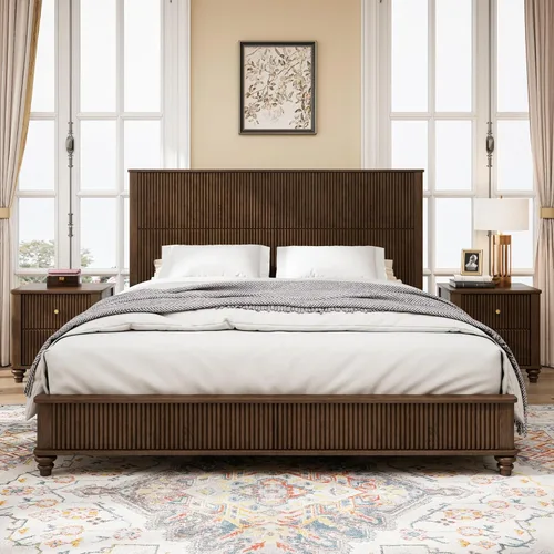 Vista 10 de Conjunto de dormitorio de 4 piezas estilo granja, cama plataforma tamaño queen con 2 mesitas de noche y almacenamiento de 5 cajones, estructura