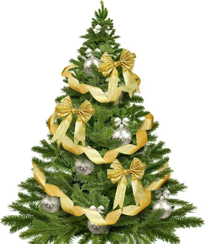 Vista 3 de 2 rollos de cinta de Navidad de 20 yardas con purpurina metálica con borde de alambre, cintas decorativas de tela para envolver fiestas, decoración