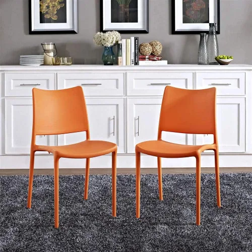 Vista 2 de Modway Hipster contemporáneo moderno moldeado plástico apilamiento dos sillas de comedor en naranja