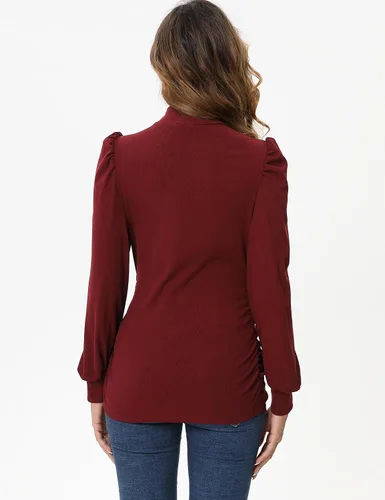 Vista 6 de Camiseta de maternidad de punto acanalado para mujer, casual, cuello alto, manga larga, fruncida, túnica para mujeres embarazadas