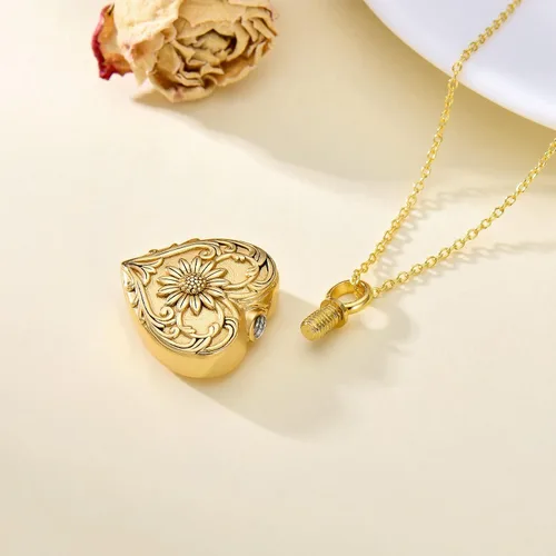 Vista 3 de SOULMEET Joyería de cremación de flores para cenizas, collar de urna de corazón de girasol chapado en plataoro para cenizas, mujeres y hombres