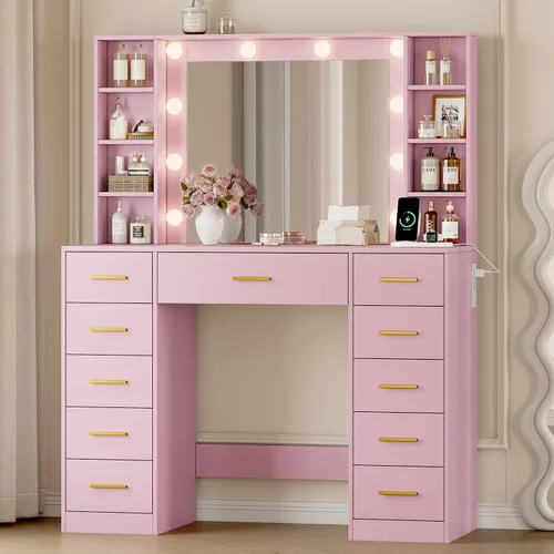 Vista 17 de Escritorio de maquillaje con espejo y luces, tocador negro de 43 pulgadas con parte superior de cristal, almacenamiento de joyas, 3 cajones