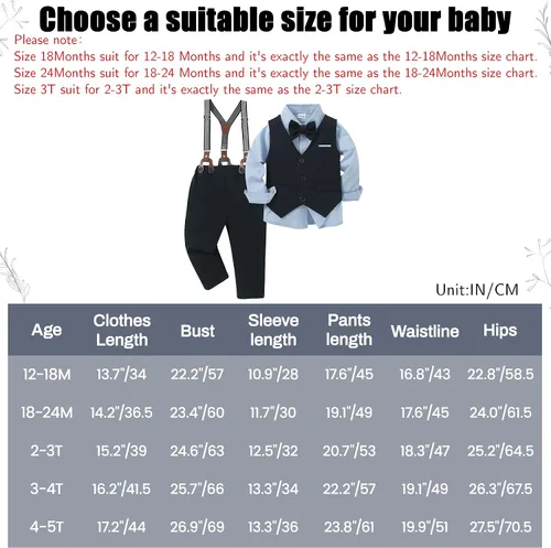 Vista 7 de ZOEREA Toddler Baby Boy Clothes 1-5T Gentleman Suit Long Sleeves Shirt + Suspender Pants + Bowtie Toddler Boy Outfits