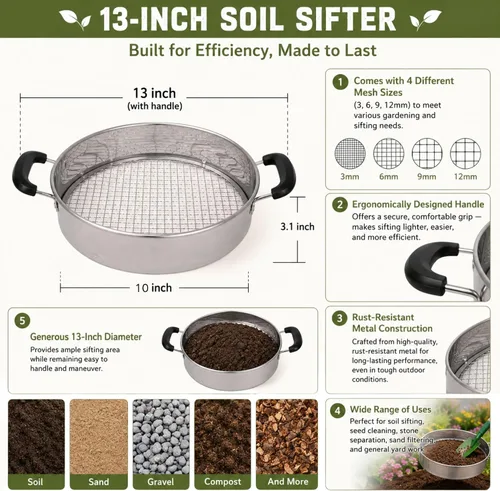 Vista 5 de Tamiz de suelo multiusos con mango Incluye 4 mallas intercambiables Ideal para tamizar suelo, rocas, compost y desechos