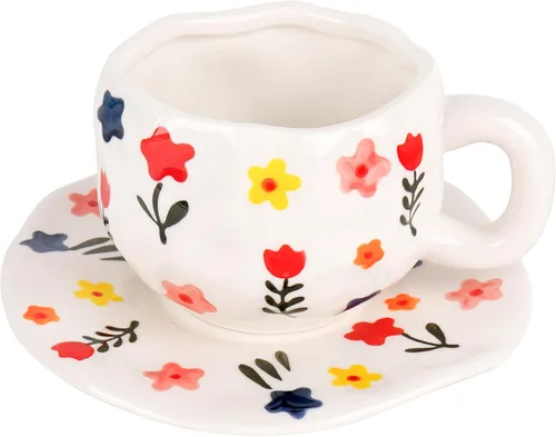 Vista 10 de Juego de taza de café y platillo de cerámica, cerámica hecha a mano de 10 onzas con patrón de nube blanca, pequeña taza de regalo para expreso, Azul