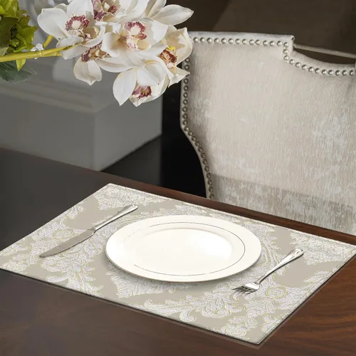 Vista 2 de Loom and Mill Juego de 4 Manteles Individuales de Damasco de Lujo, Manteles Individuales de Mesa Jacquard Beige Antideslizantes para Hogar Cocina