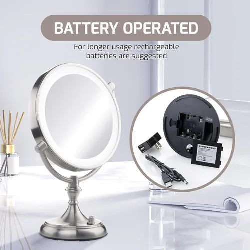 Vista 8 de OVENTE Espejo de maquillaje de mesa iluminado de 9 pulgadas con aumento 1X/5X, espejo de tocador de aumento de doble cara con luces LED regulables