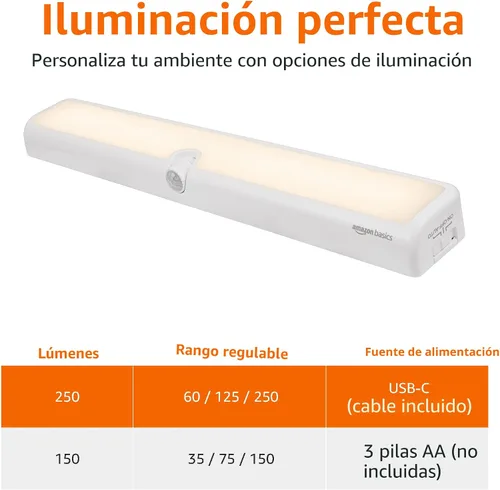 Vista 3 de Amazon Basics Barra de luz LED USB/funciona con pilas, sensor de movimiento giratorio, luces adhesivas, 250 lúmenes, 12 pulgadas, iluminación debajo