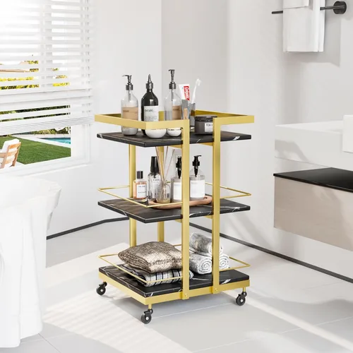 Vista 2 de Carrito de esteticista con ruedas, carrito rodante utilitario para salón, organizador de almacenamiento móvil negro dorado para belleza, spa