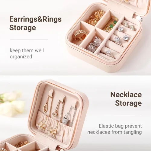 Vista 2 de Casegrace - Mini joyero portátil de viaje de cuero para joyas, organizador de anillos, caja de regalo para niñas y mujeres