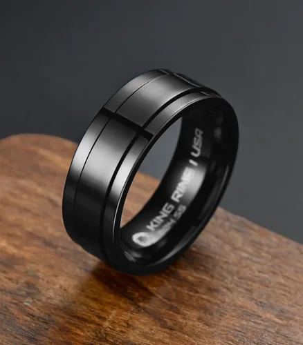Vista 2 de King Ring 8mm Flat Spinner Stainless Steel Fidget Rings – Designed in USA Negro