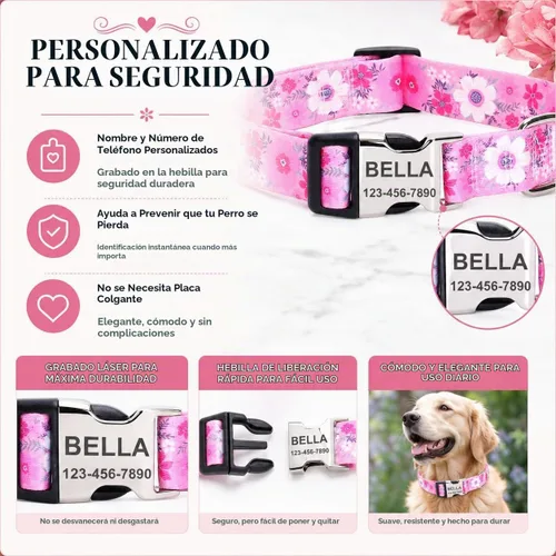 Vista 4 de Collares de perro personalizados con placa de identificación grabada con número de teléfono, collares ajustables coloridos para perros macho