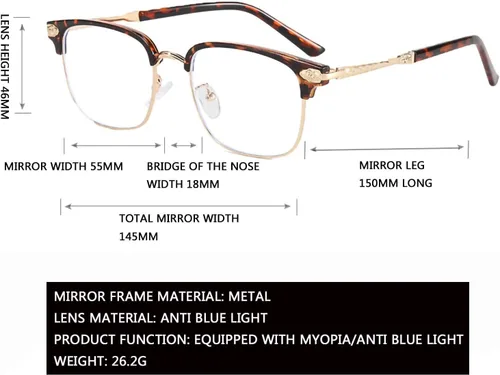 Vista 2 de FROBON Gafas de media montura para miope, lentes retro de metal para hombres y mujeres (color negro y dorado, tamaño -2.0X)