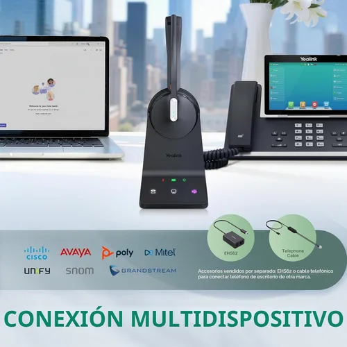 Vista 7 de Yealink WH64 Mono DECT & Bluetooth Auriculares inalámbricos para teléfono celular PC Teams Certified Single On Ear Headset, 3X Noise Canceling