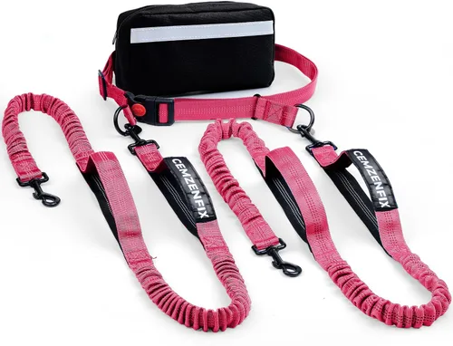 Vista 11 de Correa de perro manos libres con cinturón – Bungee sin tirones, asas acolchadas dobles y bolsa con cremallera para correr, caminar y entrenar