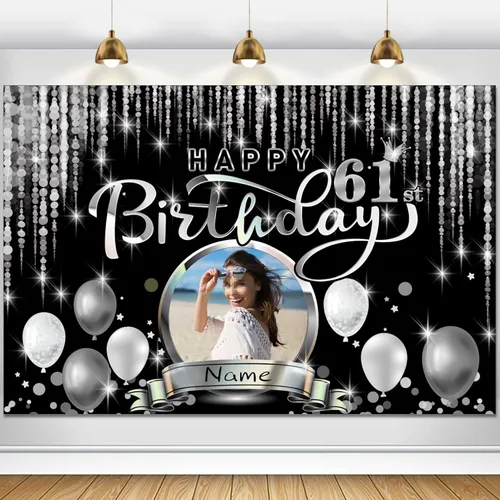 Vista 41 de Cartel de decoración de feliz cumpleaños número 100 personalizado - Personalización disponible - Negro y plateado - Tamaño grande - Admite fotos