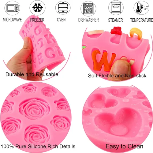 Vista 4 de Moldes de letras del alfabeto, 5 piezas de letras y números, forma de corazón, flores, molde de silicona para fondant de chocolate, arcilla