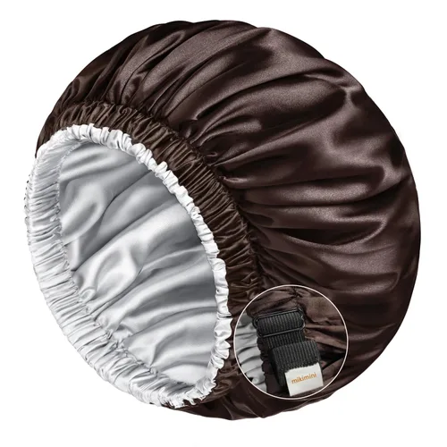 Vista 12 de mikimini Gorro de satén para hombres y mujeres, gorro de dormir reversible de doble capa para trenzas de cabello con banda elástica ajustable
