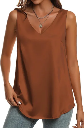 Vista 8 de KYLELOVE Camisetas sin mangas de satén para mujer, de doble capa, sin mangas, cuello en V, camisas de trabajo