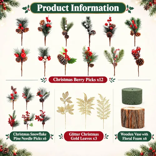 Vista 3 de Tioncy 6 Set Christmas Floral Table Centerpiece Bulk Bark Frosted Woodland Artificial Holly Red Berry Pine Cone Greenery Stems Picks Arrangement