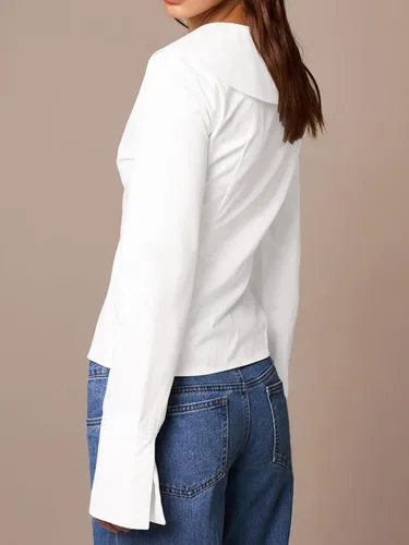 Vista 4 de Camisa de manga larga con botones para mujer, elegante blusa con cuello redondo y cintura ceñida, casual y para la oficina