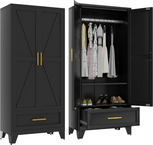 Vista 10 de Baborokic Armario de metal con barra para colgar, armario grande de 71" con estantes y puertas ajustables, armarios de oficina de metal estilo Negro