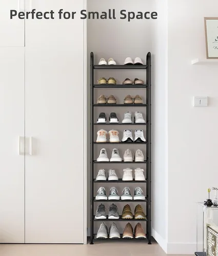 Vista 2 de STORAGE MANIAC Zapatero alto de 10 niveles, 20 pares de estantes estrechos y delgados, soporte de zapatos con marco de metal para espacios pequeños